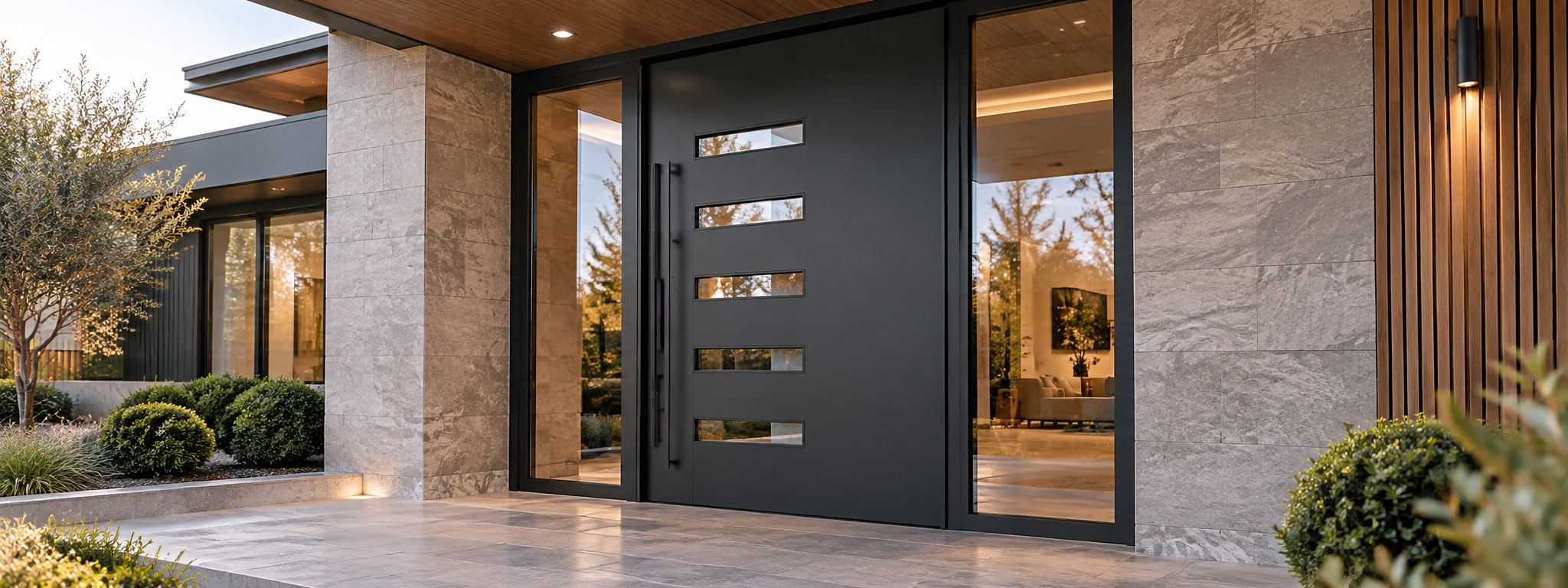 Contemporary black entry door with glass sidelights and matching aluminum window framing